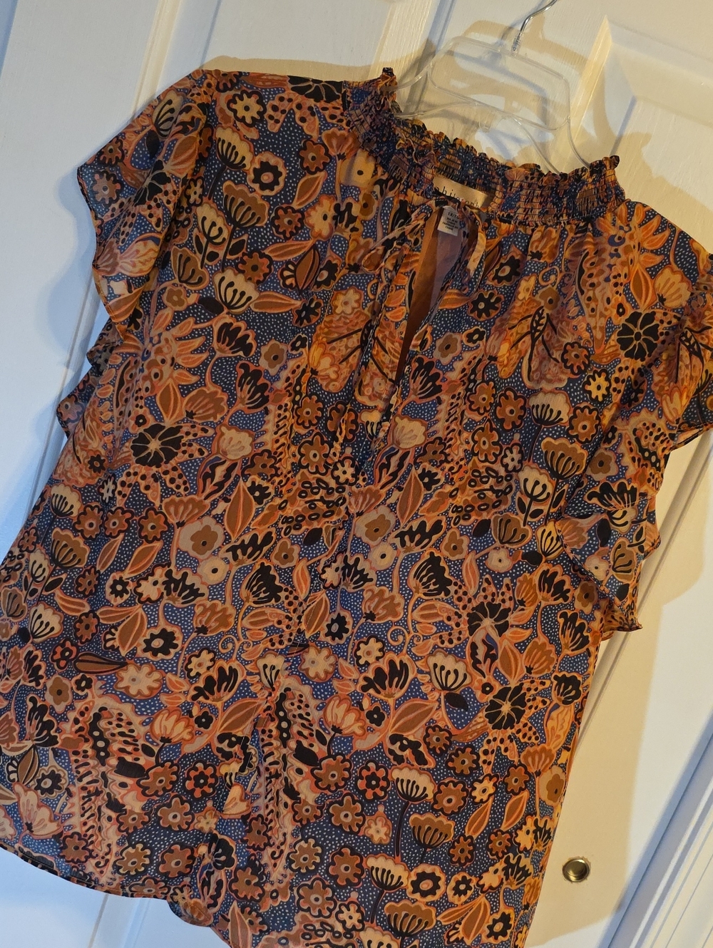 Philosophy Ruffled Smocked Floral Blouse in Orange and Navy